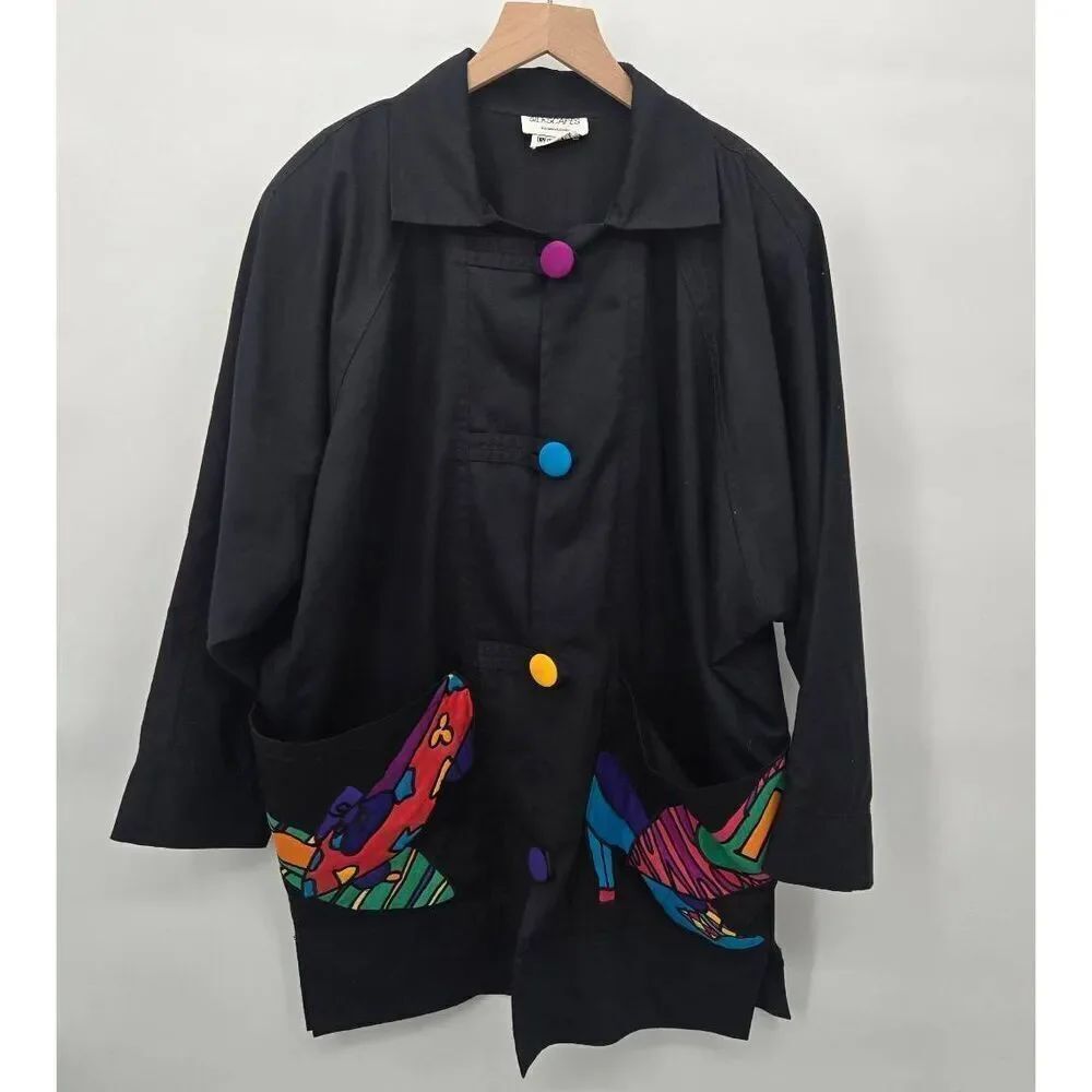 Silkscapes Vintage Jacket L/XL Shoes Heels Fun Colorful Funky Silk Appliques